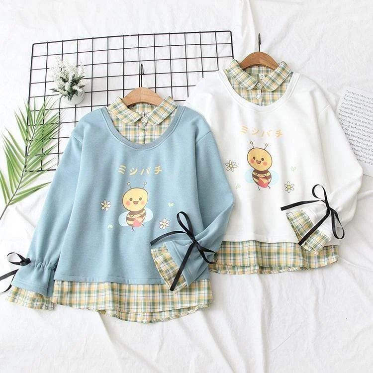 Women's Kawaii Little Bee Lace-up Sweaters Splicing Plaid Shirts