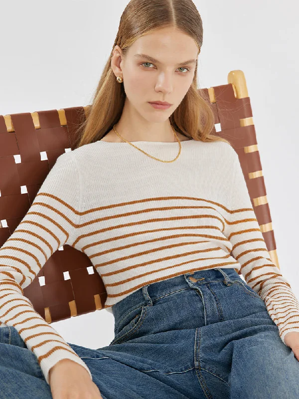 Wool Striped Boatneck Slim Women Sweater